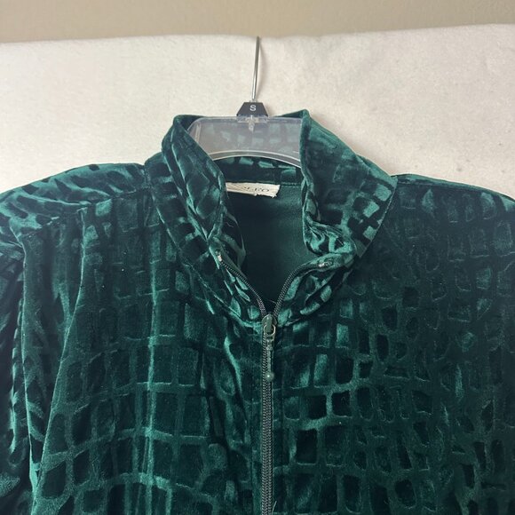Vtg Adolfo Exclusive jacker sz L Green Crushed Velvet Zip Front giraffe print - Picture 4 of 6